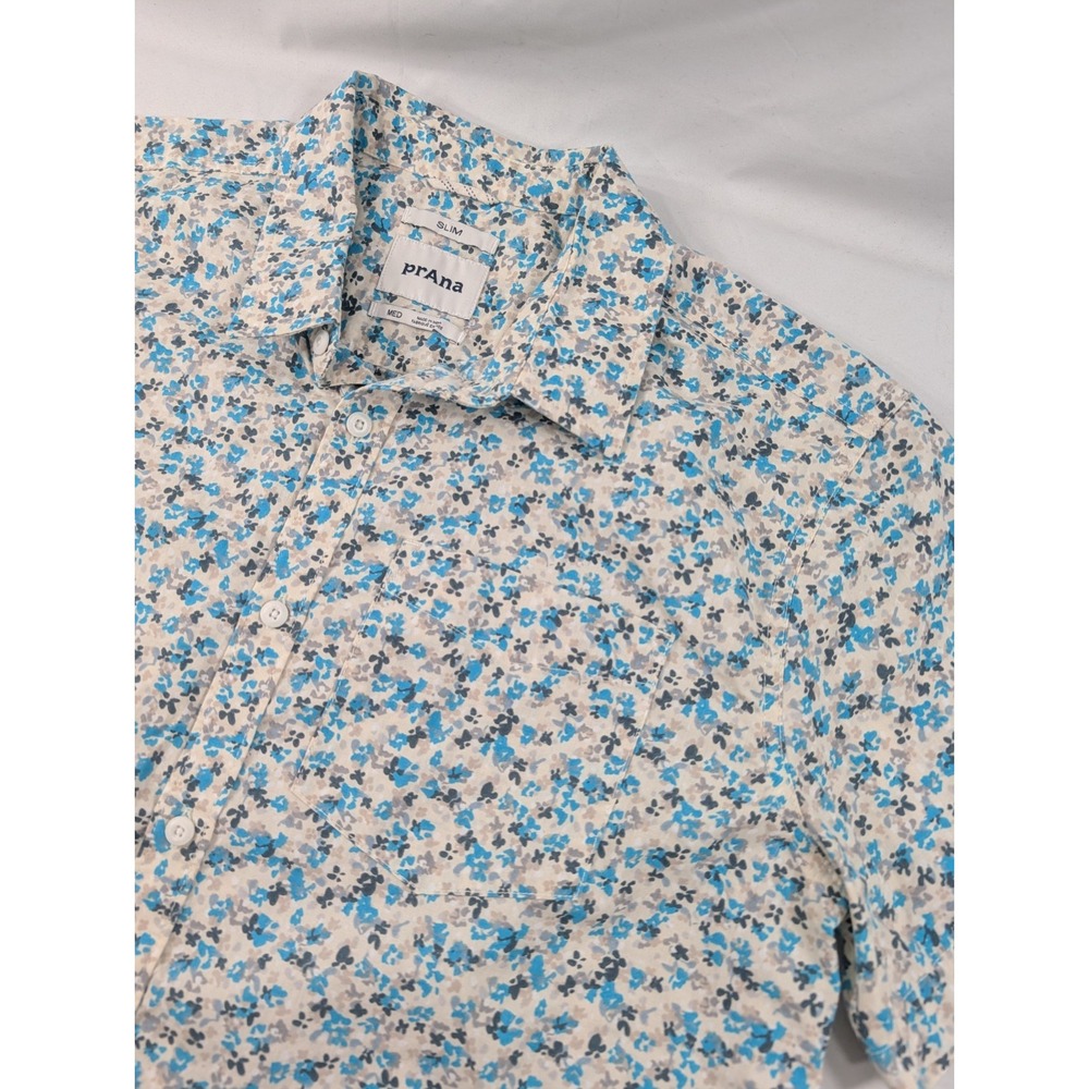 Prana Shirt Slim Fit Mens M White Floral Short Sleeve Cotton Blend Casual EUC